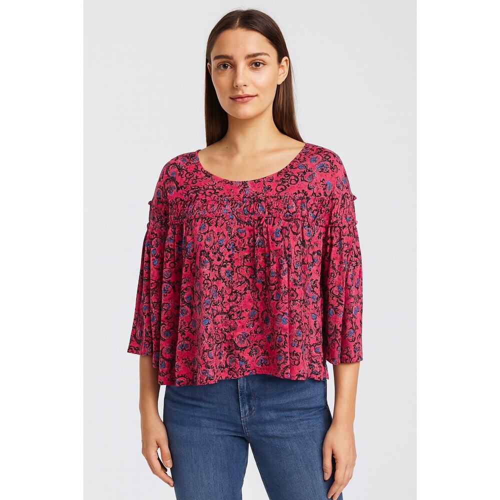 NWT GAP women's lightweight red & blue floral flowy 3/4 sleeve blouse size small